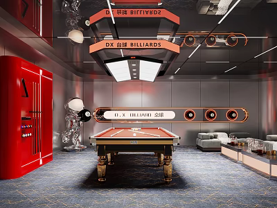Elegant Modern Billiard Room Interior With Billiard Table Red Refrigerator And Sofa 3d model