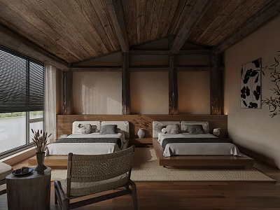 Hotel Guest Room With Wooden Ceiling Twin Beds And Natural Lighting 3d model