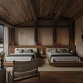 Hotel Guest Room With Wooden Ceiling Twin Beds And Natural Lighting