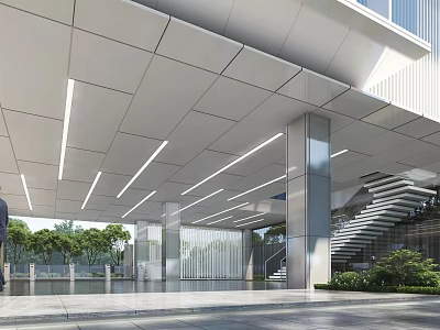 Modern Building Entrance Lobby With Metal Ceiling Lighting Glass Walls And Staircase Greenery 3d model