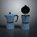 Two Blue Moka Pots With Open Black Lid And Closed Blue Lid Household Kitchen Utensils