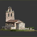 Ancient Church Model With Red Tile Roof Tower And Stone Walls On Green Grass Base