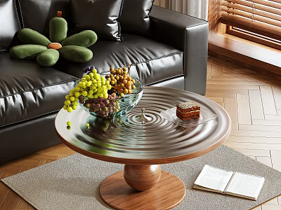 Round Metal Top Coffee Table With Wooden Base Fruit Bowl And Open Book On Rug 3d model