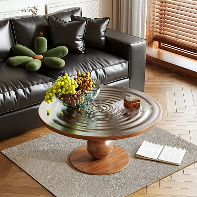 Round Metal Top Coffee Table With Wooden Base Fruit Bowl And Open Book On Rug 3d model