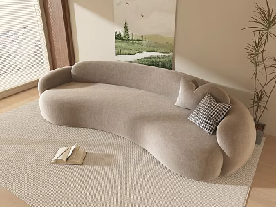Light Gray Curved Sofa in Living Room with Landscape Painting and Potted Plant 3d model