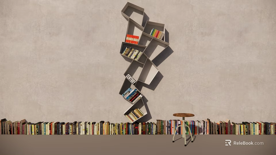 Service Hall Interior Featuring Spiral Bookshelf Books And Small Round Table 3d model 
