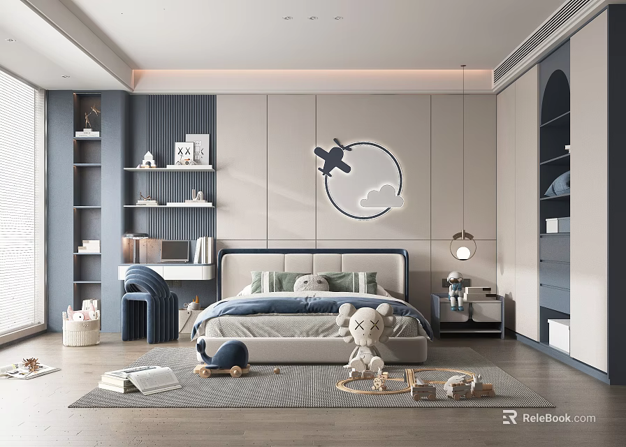 Modern Kids Bedroom With Bed Bookshelves Airplane Decor And Toys 3d model 