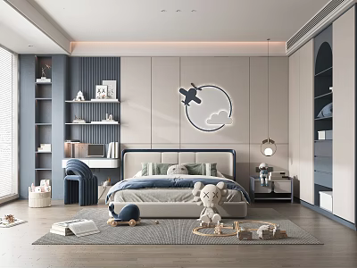 Modern Kids Bedroom With Bed Bookshelves Airplane Decor And Toys 3d model