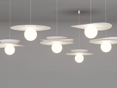 Modern Multiple Pendant Lights With White Circular Shades And Disc Design Hanging From Ceiling 3d model