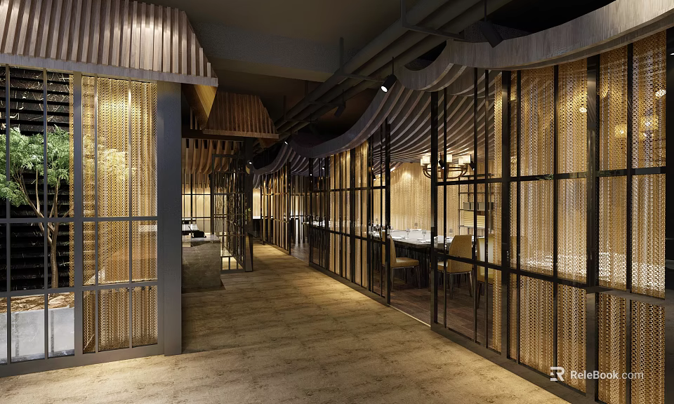 Elegant Modern Restaurant Open Space With Wooden Decor Glass Partitions Long Tables And Pendant Lights 3d model 