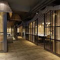 Elegant Modern Restaurant Open Space With Wooden Decor Glass Partitions Long Tables And Pendant Lights