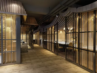 Elegant Modern Restaurant Open Space With Wooden Decor Glass Partitions Long Tables And Pendant Lights 3d model