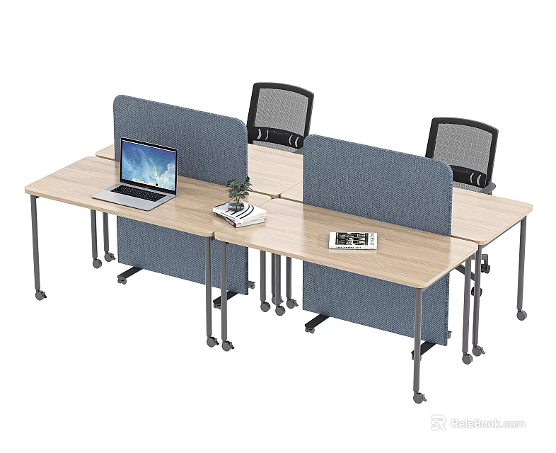 Modern Office Desks With Gray Dividers Laptop Small Plant Documents And Black Rolling Chairs 3d model 