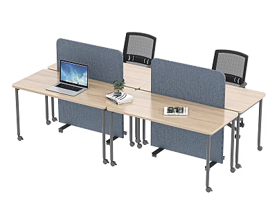 Modern Office Desks With Gray Dividers Laptop Small Plant Documents And Black Rolling Chairs 3d model