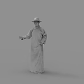 Man Wearing Traditional Robe And Hat Standing With Extended Hand Simple Background