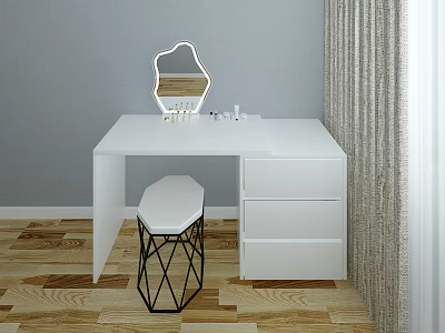 Modern White Dressing Table With Hexagonal Mirror Drawers And Geometric Stool 3d model