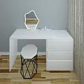 Modern White Dressing Table With Hexagonal Mirror Drawers And Geometric Stool