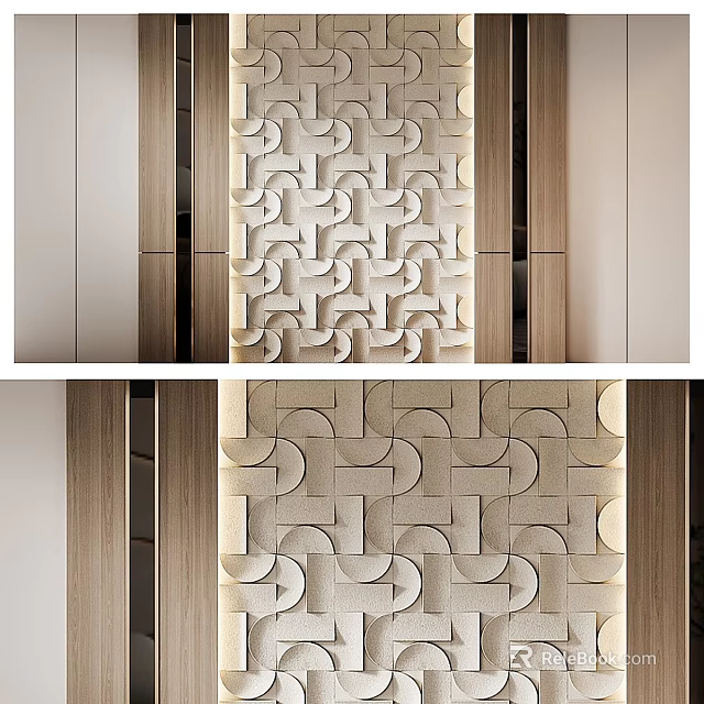 3D Textured Cream Accent Wall With Geometric Pattern And Wooden Frames 3d model