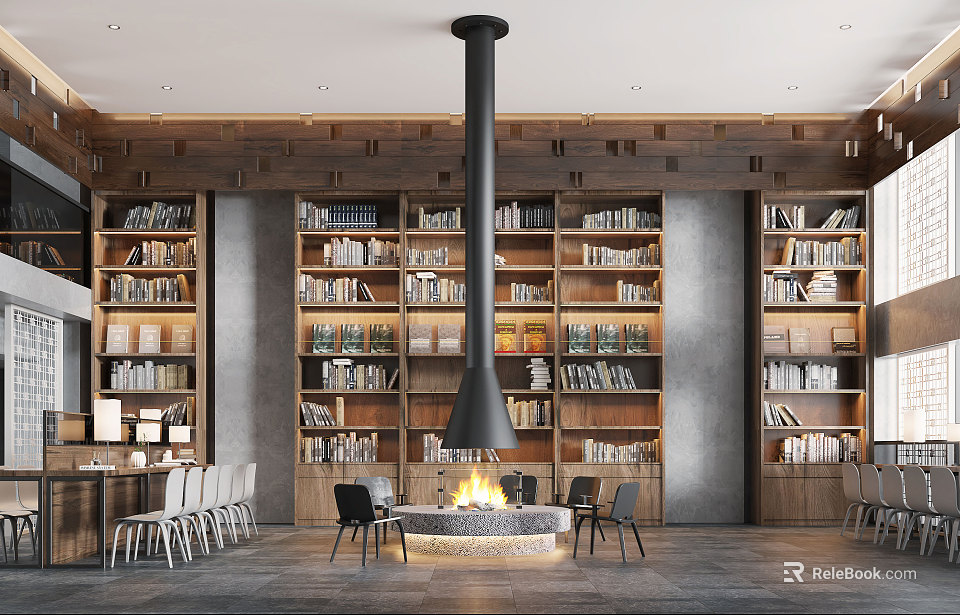 Book Art Modern Interior with Bookshelves Full of Books Central Fireplace and Surrounding Tables Chairs 3d model 