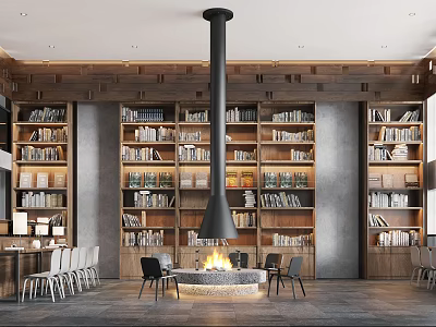 Book Art Modern Interior with Bookshelves Full of Books Central Fireplace and Surrounding Tables Chairs 3d model