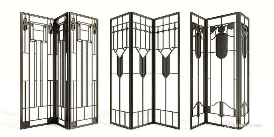 Modern Folding Screen With Geometric Metal Frame And Glass Panels Design 3d model