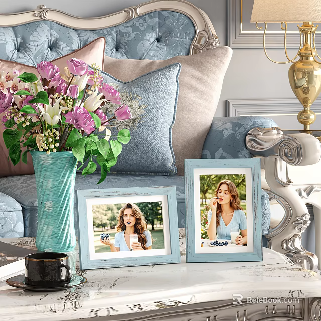 Light Blue Photo Frames with Women Photos Near Vase with Flowers and Gold Lamp 3d model 