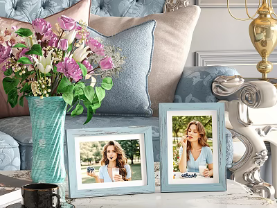 Light Blue Photo Frames with Women Photos Near Vase with Flowers and Gold Lamp 3d model