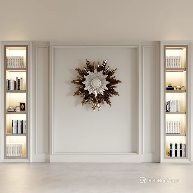 Elegant Illuminated White Bookcases With Shelves Books Decor And Gold Floral Wall Art 3d model 