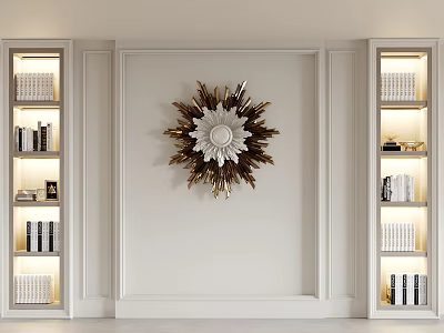 Elegant Illuminated White Bookcases With Shelves Books Decor And Gold Floral Wall Art 3d model
