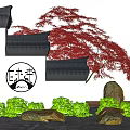 Chinese Style Scenic Wall With Circular Emblem Black Tiled Roof Red Maple Tree And Stones