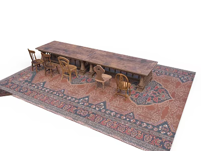 Rustic Long Wooden Dining Table With Matching Chairs On Patterned Rug 3d model