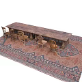 Rustic Long Wooden Dining Table With Matching Chairs On Patterned Rug 3d model