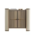 Modern Bedside Table with Vertical Slats Gold Handles Beige Wood Tones and Decor