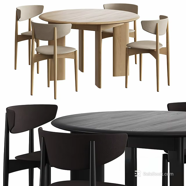 Modern Minimalist Table And Chair Set With Light Dark Colors Round Top And Wooden Chairs 3d model 