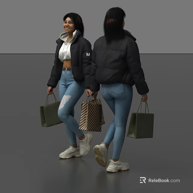 Women Wearing Black Puffer Jacket White Hoodie Blue Jeans And White Sneakers With Shopping Bags 3d model 