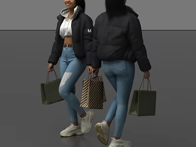 Women Wearing Black Puffer Jacket White Hoodie Blue Jeans And White Sneakers With Shopping Bags 3d model
