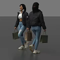 Women Wearing Black Puffer Jacket White Hoodie Blue Jeans And White Sneakers With Shopping Bags