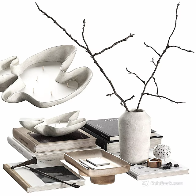 White Decorative Ornament Set With Candle Holders Branch Vase Stacked Books Tray And Small Decor 3d model 
