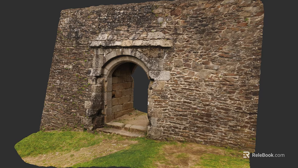 Ancient Stone Gate With Archway Design In Stone Wall And Stone Steps Near Grass Area 3d model 