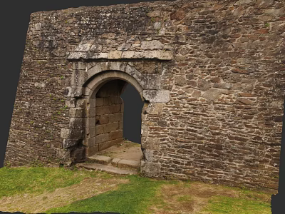 Ancient Stone Gate With Archway Design In Stone Wall And Stone Steps Near Grass Area 3d model