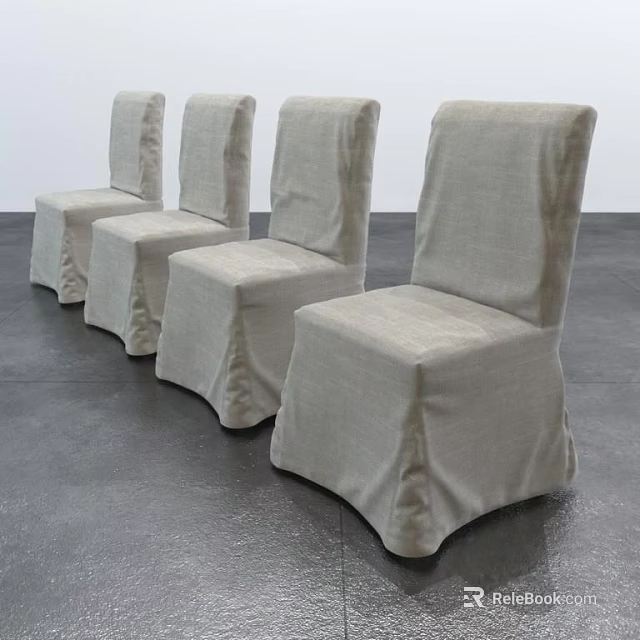Four Stylish Light Gray Dining Chairs with Slipcovers on Gray Floor 3d model 