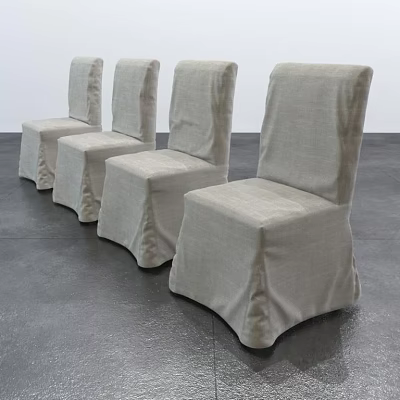 Four Stylish Light Gray Dining Chairs with Slipcovers on Gray Floor 3d model