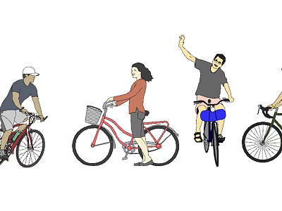 Group Of People Riding Bicycles In Various Styles And Poses 3d model