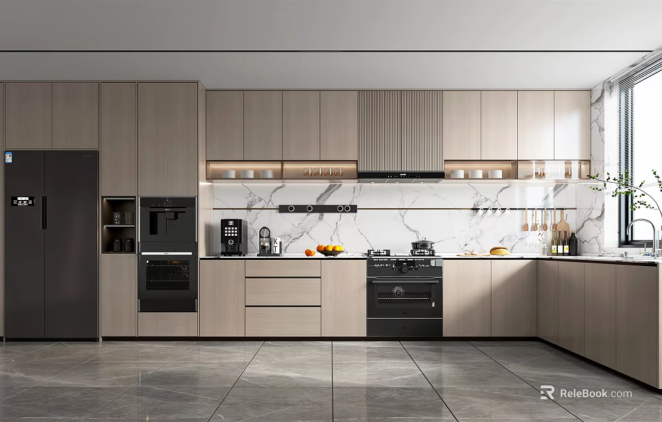 Modern Kitchen Interior Design With Light Wood Cabinets Black Appliances Marble Countertop And Backsplash 3d model 