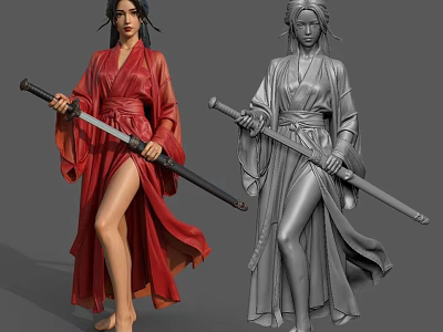 Woman Standing In Red Robe Holding Sword With Grey Robed Statue 3d model