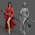 Woman Standing In Red Robe Holding Sword With Grey Robed Statue