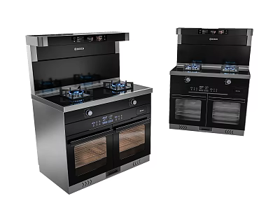 Modern Kitchen Appliances With Gas Stoves Range Hoods And Double Ovens 3d model