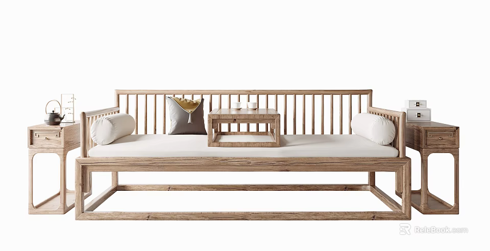 Minimalist Traditional Wooden Arhat Bed with Small Coffee Table and Soft Cushions 3d model 