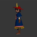 Fantasy Creature Character with Horned Hat Blue Cloak and Tasseled Skirt Outfit