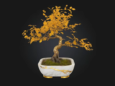 Yellow Leafed Bonsai Plant With Curved Trunk In White Pot With Gold Accents And Moss 3d model